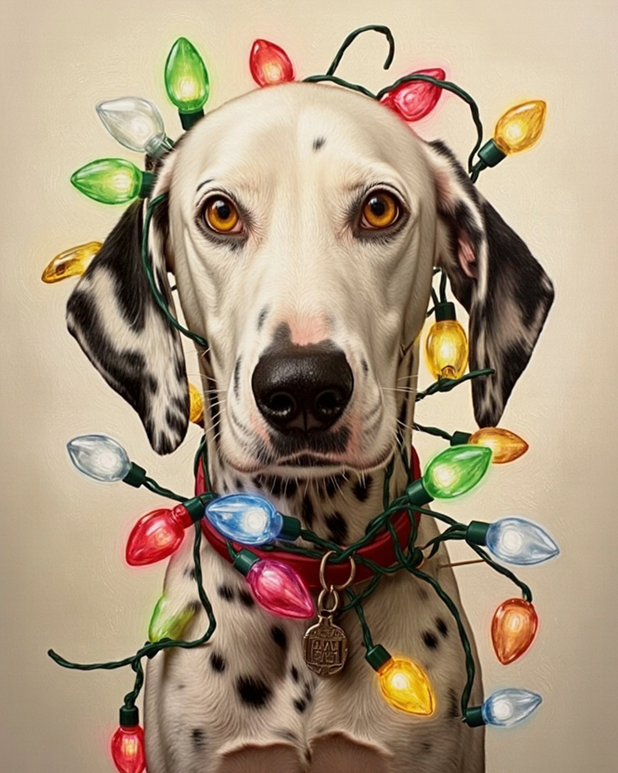 A realistic portrait of a dog wrapped in colorful vintage Christmas lights with a red collar. The festive lights glow softly against a warm beige background, capturing a cozy holiday mood in a painterly style.